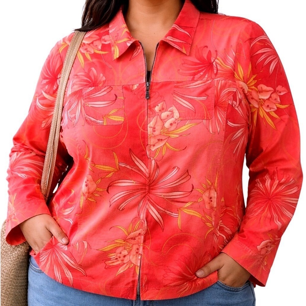 Island Winds Tropical Floral‎ Zip Jacket Women 3X Pink Hawaiian Cotton NWOT